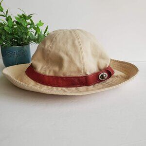 EUC Coach Tan Cotton Hat with Red Leather Trim & Turnlock